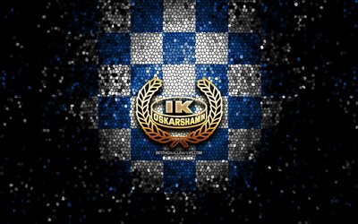 IK Oskarshamn, glitter logo, SHL, blue white checkered background, hockey, swedish hockey team, IK Oskarshamn logo, mosaic art, swedish hockey league