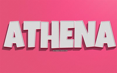 Atena, sfondo a linee rosa, sfondi con nomi, nome di Atena, nomi femminili, biglietto di auguri di Atena, disegni al tratto, foto con nome di Atena