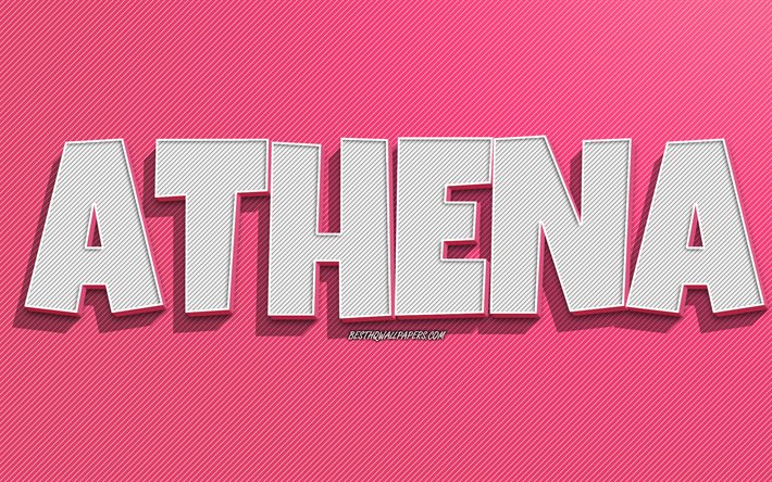 Athena, pink lines background, wallpapers with names, Athena name, female names, Athena greeting card, line art, picture with Athena name