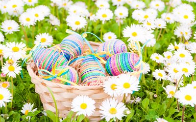 Uova di Pasqua in un cestino, erba verde, Pasqua, uova di Pasqua, camomilla, fiori primaverili, primavera