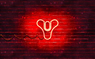 Destinyの赤いロゴ, 4k, 赤レンガの壁, Destinyのロゴ, ゲームブランド, Destinyネオンのロゴ, 運命