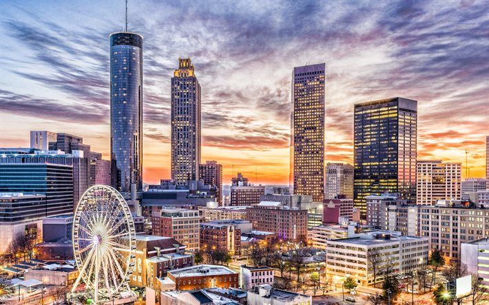 Atlanta, grattacieli, Westin Peachtree Plaza Hotel, sera, tramonto, edifici moderni, skyline di Atlanta, paesaggio urbano di Atlanta, Georgia, Stati Uniti d&#39;America
