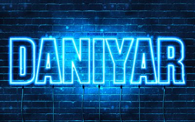 Daniyar, 4k, sfondi con nomi, nome Daniyar, luci al neon blu, buon compleanno Daniyar, nomi maschili kazaki popolari, immagine con nome Daniyar