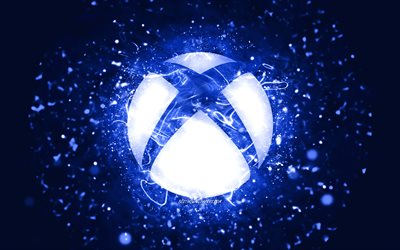 Logotipo azul escuro do Xbox, 4k, luzes de n&#233;on azul escuro, criativo, fundo abstrato azul escuro, logotipo do Xbox, sistema operacional, Xbox