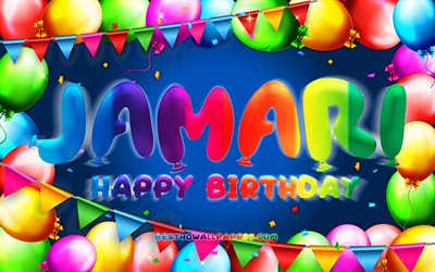 Joyeux anniversaire Jamari, 4k, cadre ballon color&#233;, nom Jamari, fond bleu, Jamari joyeux anniversaire, anniversaire Jamari, noms masculins am&#233;ricains populaires, concept d&#39;anniversaire, Jamari