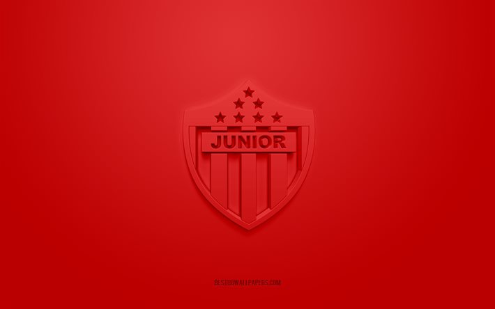 Atletico Junior, logo 3D creativo, sfondo rosso, emblema 3d, squadra di calcio colombiana, Categoria Primera A, Barranquilla, Colombia, arte 3d, calcio, logo 3d Atletico Junior