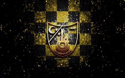 Istanbulspor FC, glitter logo, 1 Lig, yellow black checkered background, soccer, turkish football club, Istanbulspor logo, mosaic art, TFF First League, football, Istanbulspor AS