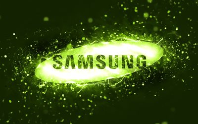 Logo Samsung lime, 4k, luci al neon lime, creativo, sfondo astratto lime, logo Samsung, marchi, Samsung