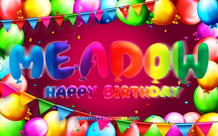 Joyeux anniversaire Meadow, 4k, cadre ballon color&#233;, nom de la Prairie, fond violet, Meadow joyeux anniversaire, anniversaire de la Prairie, noms f&#233;minins am&#233;ricains populaires, concept d&#39;anniversaire, Meadow