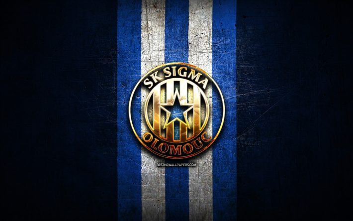 シグマオロモウフfc, 金色のロゴ, チェコファーストリーグ, 青い金属の背景, フットボール, チェコのサッカークラブ, シグマオロモウクのロゴ, サッカー, skシグマオロモウク