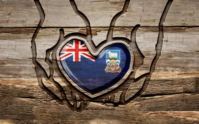 I love Falkland Islands, 4K, wooden carving hands, Day of Falkland Islands, Falkland Islands flag, Flag of Falkland Islands, Take care Falkland Islands, creative, Falkland Islands flag in hand, wood carving, South American countries, Falkland Islands
