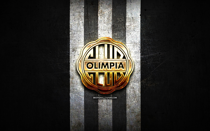 Olimpia Asuncion FC, golden logo, Paraguayan Primera Division, black metal background, football, Venezuelan football club, Club Olimpia logo, soccer, Venezuelan Primera Division, Club Olimpia