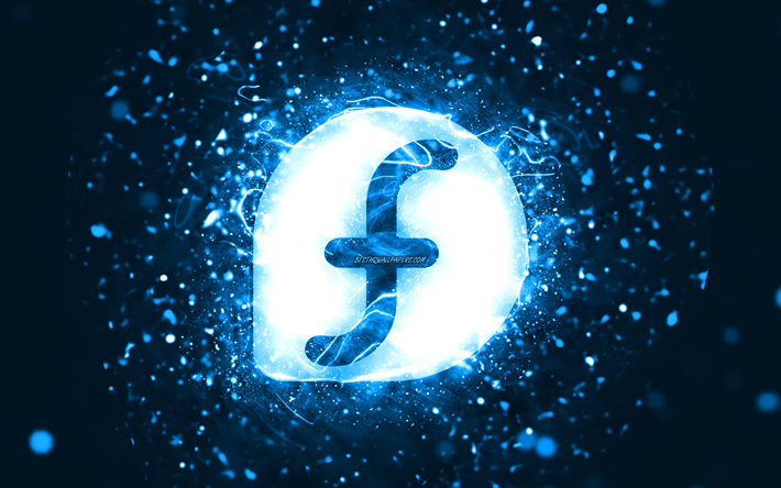 Fedora blue logo, 4k, blue neon lights, creative, blue abstract background, Fedora logo, Linux, Fedora