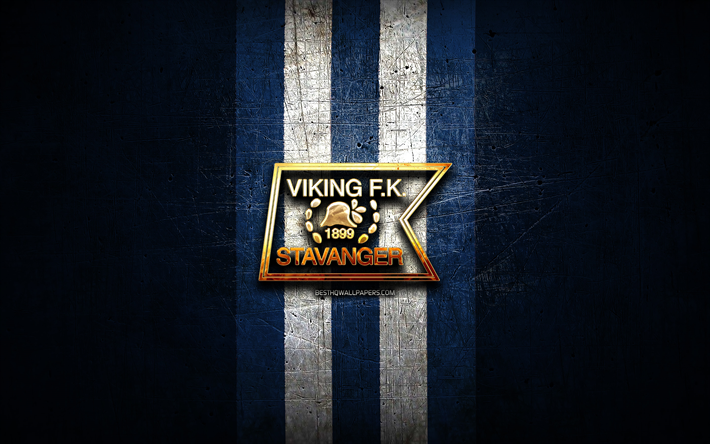 Viking FC, golden logo, Eliteserien, blue metal background, football, norwegian football club, Viking FK logo, soccer, Viking FK