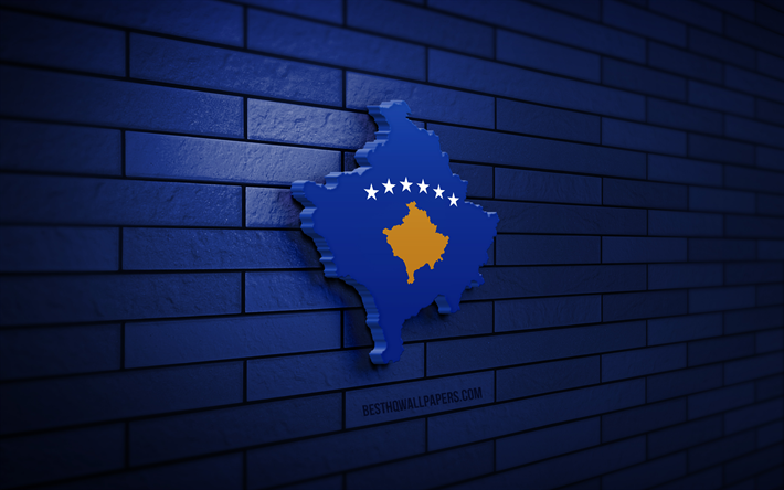 mapa de kosovo, 4k, pared de ladrillo azul, los pa&#237;ses europeos, la silueta del mapa de kosovo, la bandera de kosovo, europa, el mapa de kosovo, kosovo, el mapa de kosovo en 3d