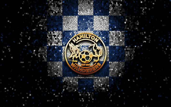 hamilton wanderers fc, logotipo brillante, campeonato de f&#250;tbol de nueva zelanda, fondo a cuadros azul y blanco, f&#250;tbol, ​​club de f&#250;tbol de nueva zelanda, logotipo de hamilton wanderers, arte de mosaico, ​​hamilton wanderers