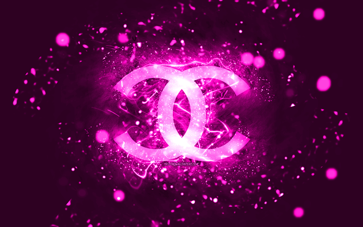 chanel lila logo, 4k, lila neonlichter, kreativer, lila abstrakter hintergrund, chanel-logo, modemarken, chanel