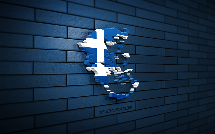 carte de la grèce, 4k, mur de briques bleu, les pays européens, la silhouette de la carte de la grèce, le drapeau de la grèce, l europe, la carte grecque, le drapeau grec, la grèce, la carte 3d grecque