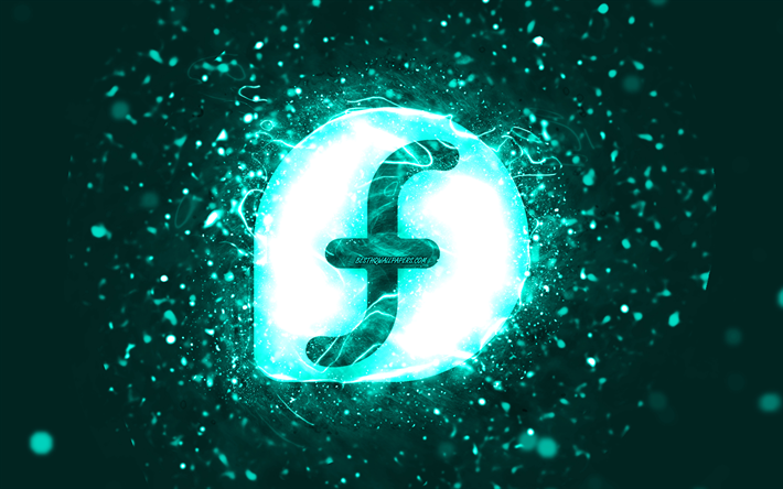 Fedora turquoise logo, 4k, turquoise neon lights, creative, turquoise abstract background, Fedora logo, Linux, Fedora