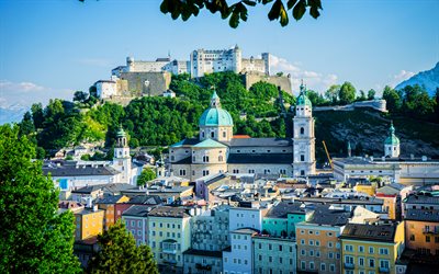 4k, Hohensalzburg, summer, castle, austrian landmarks, cityscapes, austrian cities, Europe, Austria, skyline cityscapes, HDR