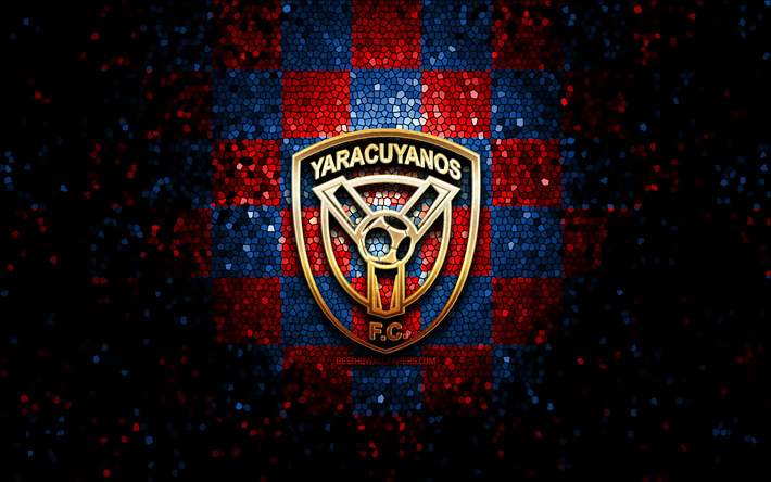 Yaracuyanos FC, glitter logo, La Liga FutVe, blue red checkered background, soccer, Venezuelan football club, Yaracuyanos FC logo, mosaic art, football, Venezuelan Primera Division, FC Yaracuyanos