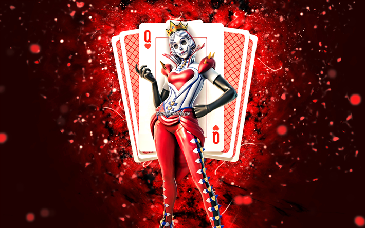 queen of hearts, 4k, r&#246;da neonljus, fortnite battle royale, fortnite-karakt&#228;rer, queen of hearts skin, fortnite, queen of hearts fortnite