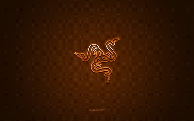 Razer logo, metal emblem, orange carbon texture, Razer, brands, orange background, Razer emblem