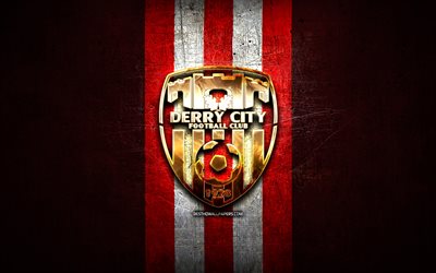 derry city fc, altın logo, irlanda premier ligi ligi, kırmızı metal arka plan, futbol, ​​irlandalı futbol kul&#252;b&#252;, derry city fc logo, fc derry city