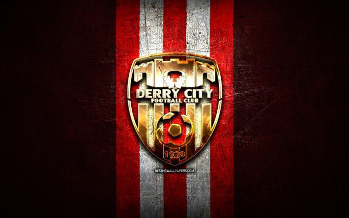 derry city fc, logotipo dourado, league of ireland premier division, metal vermelho de fundo, futebol, irland&#234;s clube de futebol, derry city fc logotipo, fc derry city