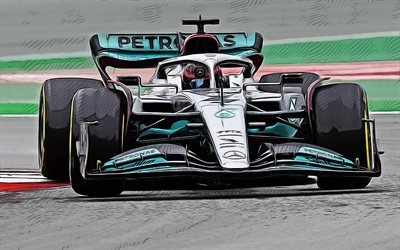 4k, Mercedes W13, vector art, George Russell, 2022 F1 cars, Formula 1, George Russell drawing, Mercedes-AMG Petronas F1 Team, new W13, F1, Mercedes-AMG Petronas F1 Team 2022, F1 cars, George Russell Mercedes W13