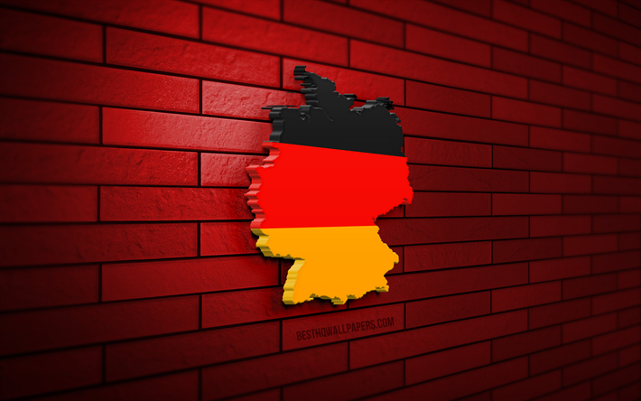 carte de l allemagne, 4k, mur de brique rouge, les pays europ&#233;ens, l allemagne carte silhouette, drapeau de l allemagne, l europe, la carte allemande, le drapeau allemand, l allemagne, le drapeau de l allemagne, l allemand carte 3d