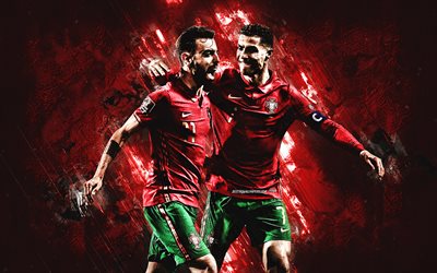 bruno fernandes, cristiano ronaldo, portugalin jalkapallomaajoukkue, punainen kivi tausta, jalkapallo, portugali, uefa, portugalilaiset jalkapalloilijat