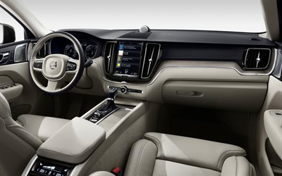 Volvo XC60, 2018, T8, Plug-In Hybrid, 4k, el interior, el panel frontal, blanco, interior de cuero, sueco de autom&#243;viles, Volvo