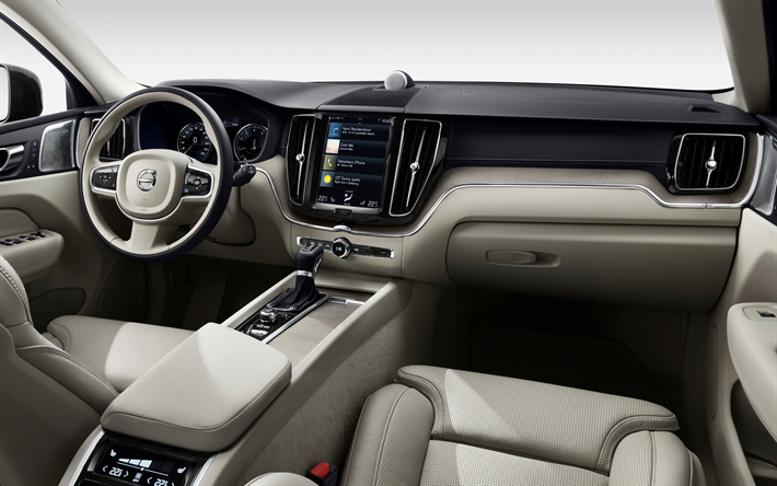 Volvo XC60, 2018, T8, Plug-In Hybrid, 4k, interior, front panel, white leather interior, Swedish cars, Volvo