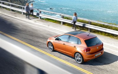 Volkswagen Polo, 2018, hatchback, exterior, 4k, vista posterior, nueva naranja Polo, los coches alemanes, Volkswagen
