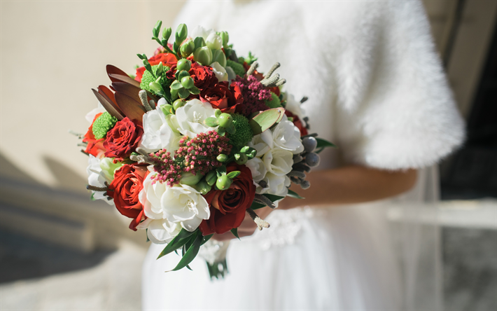 wedding bouquet, white roses, peonies, red roses, bride, wedding concepts
