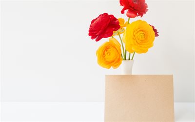 ranunculus asiaticus, persische butterblume, rot, gelb, bouquet, fr&#252;hling, blumen, postkarte, gelb buttercup