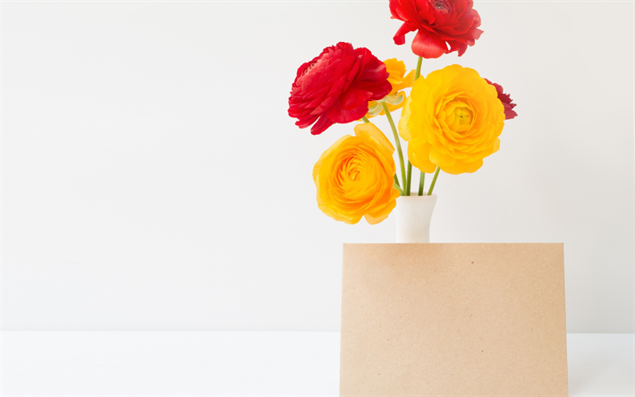 Ranunculus asiaticus, Persian leinikki, punainen keltainen kimppu, kev&#228;&#228;n kukat, postikortti, keltainen leinikki