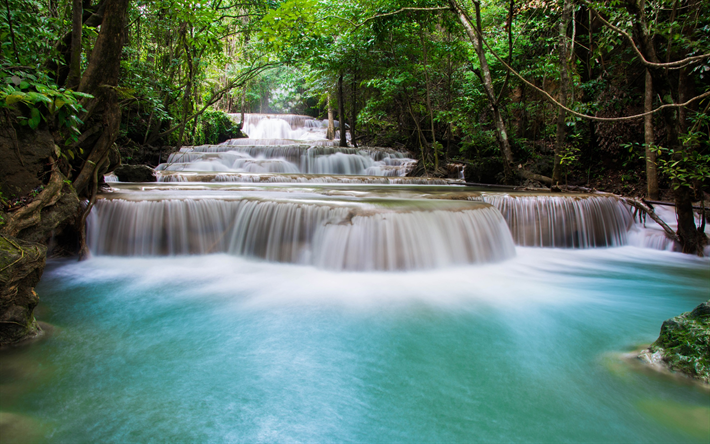 waterfalls, cascade, Thailand, rainforest, river, blue water