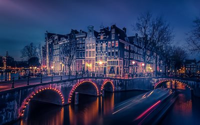 Amsterdam, paisaje nocturno, puente, r&#237;o, canal, Holanda, pa&#237;ses Bajos