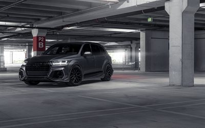 Audi Q7 ABT, 2018, di lusso, SUV nero, esterno, vista frontale, nero Q7, ruote nere, parcheggio sotterraneo, tuning Q7, auto tedesche, Audi