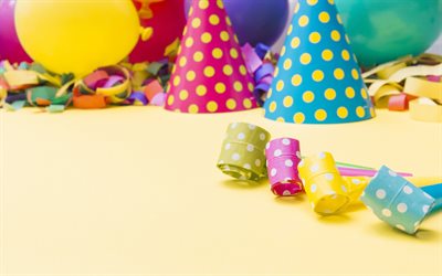 Happy Birthday, colored caps, confetti, congratulations, Birthday concepts
