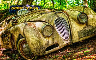 Jaguar XK 1, 4k, los coches de carreras, coche abandonado, Jaguar, autos de carreras, Rally de Baviera