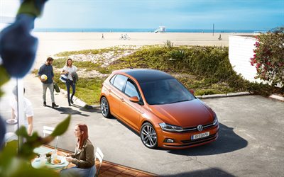 Volkswagen Polo, 2018, 4k, front view, exterior, bronze hatchback, family cars, new bronze Polo, German cars, Volkswagen