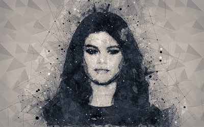 Selena Gomez, 4k, cr&#233;atif g&#233;om&#233;trique portrait, visage, chanteur Am&#233;ricain, d&#39;art, de lignes g&#233;om&#233;triques
