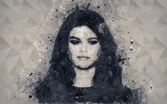 Selena Gomez, 4k, yaratıcı geometrik portre, y&#252;z, Amerikalı şarkıcı, sanat, geometrik &#231;izgileri