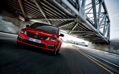 Skoda Octavia RS, 2018, front view, new red Octavia RS, road, speed, Czech cars, Skoda