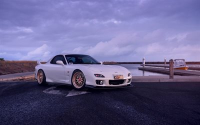 Mazda RX-7, white sports coupe, tuning, gold discs, sunset, evening, white RX-7, sports car, Japanese cars, Mazda