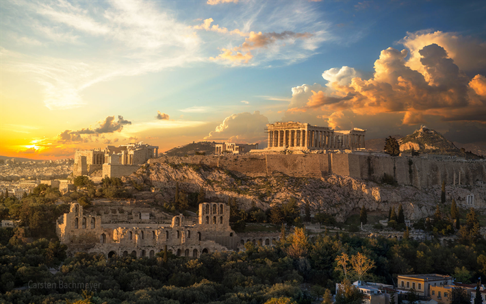 Akropolis i Aten, grekisk arkitektur, grekiska landm&#228;rken, panorama, Aten, Grekland