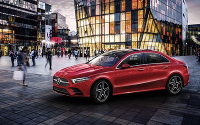 Mercedes-Benz A-Class, 2018, Z177, 4k, red sedan, exterior, front view, new red A-Class, German cars, Mercedes